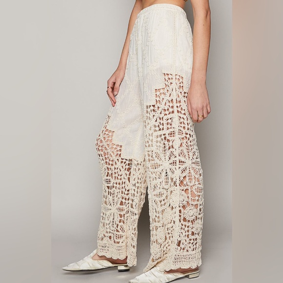 POL Pants - 876. POL Straight Leg Pants Cream Crochet Resort Elastic Waist Band